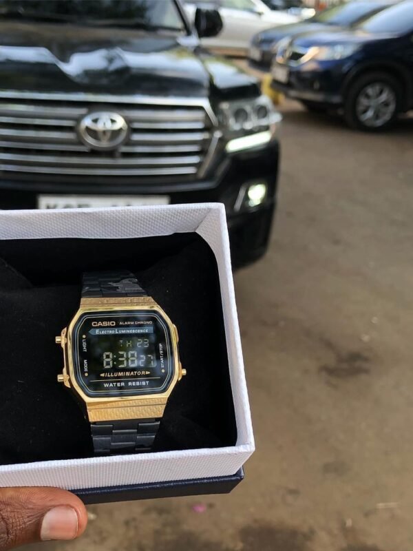 Black strap gold dial A168