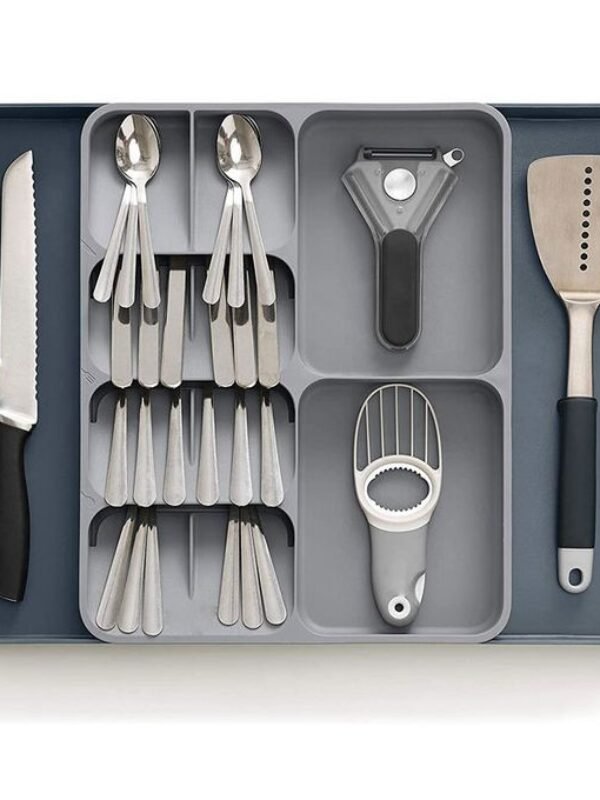 Large Drawer Organizer: This silverware organizer has a large storage space and a two-way snap design that can be freely stretched, the cutlery organizer can store all your cutlery, effectively saving your drawer space and making your kitchen drawer neat and tidy Expandable & Anti-Slip Snap Design : this cutlery organizer benefit from the two-way non-slip buckle design, it can flexibly change the size, this silverware tray for drawer is expandable from 10.7" to 18.4" wide, 15.5 " long, and 2.2" deep which can place inside different size drawers or set at the top of the desk（PLEASE NOTE: Please measure your drawers size before purchase.）