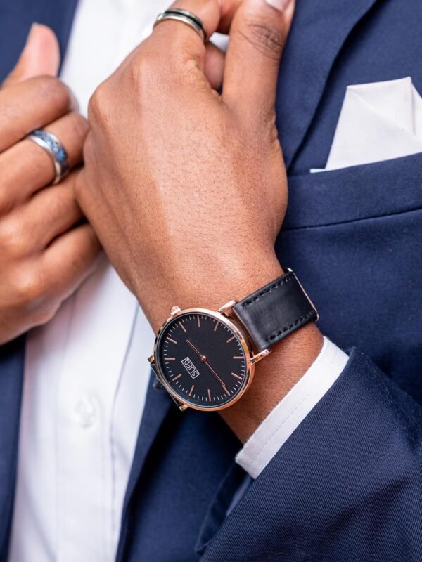 Black on Black Leather Strapped Watch